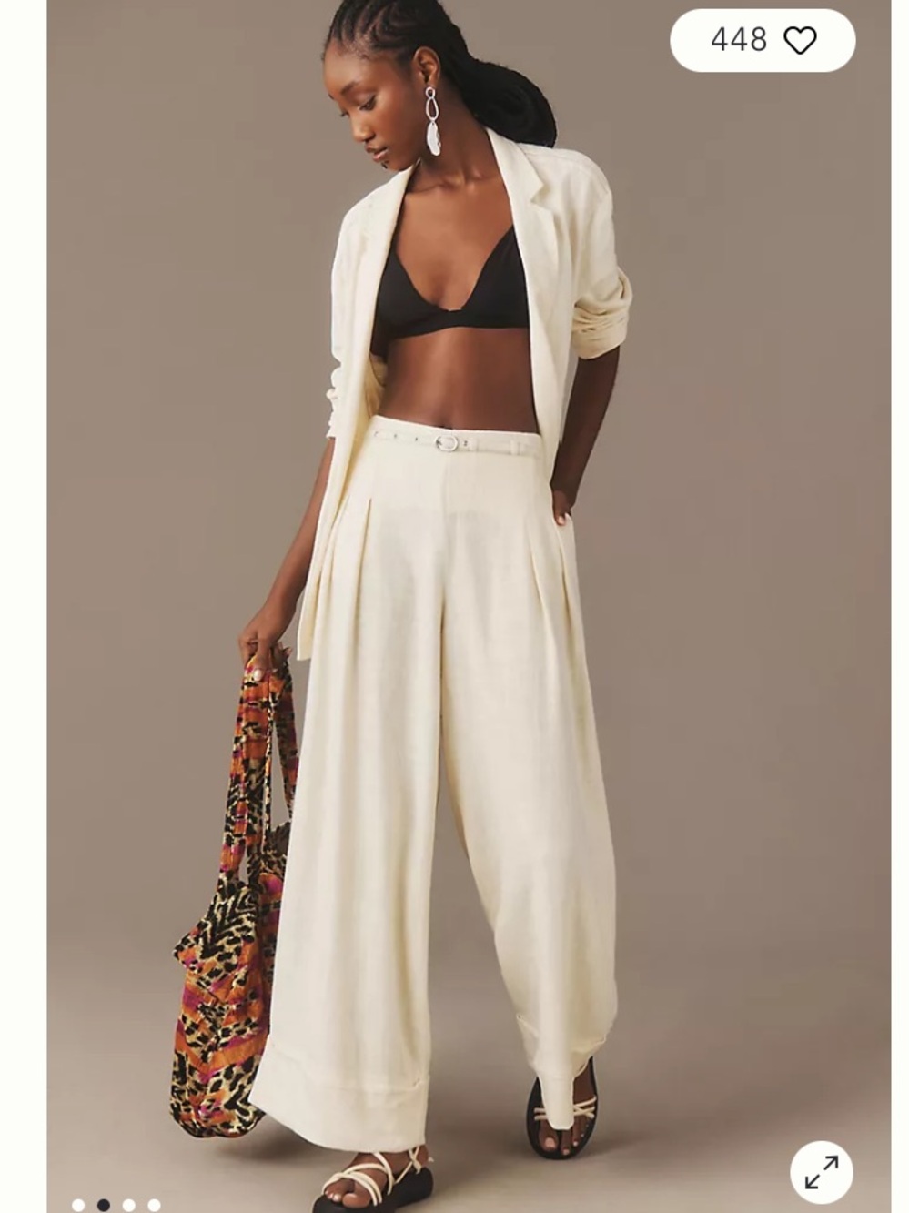Anthropologie Cream Wide-Leg Pleated Trousers